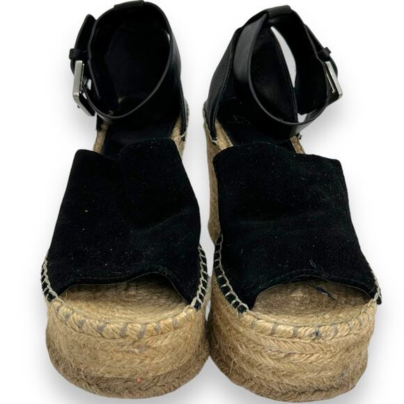 Marc Fisher Platform Espadrille Wedge SZ 7 Black Suede Leather Heels Boho Beach - Picture 2 of 6